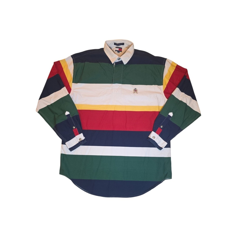 Vintage Y2K Tommy Hilfiger Rugby Shirt L Multicolor Stripe Crest 90s 2000s
